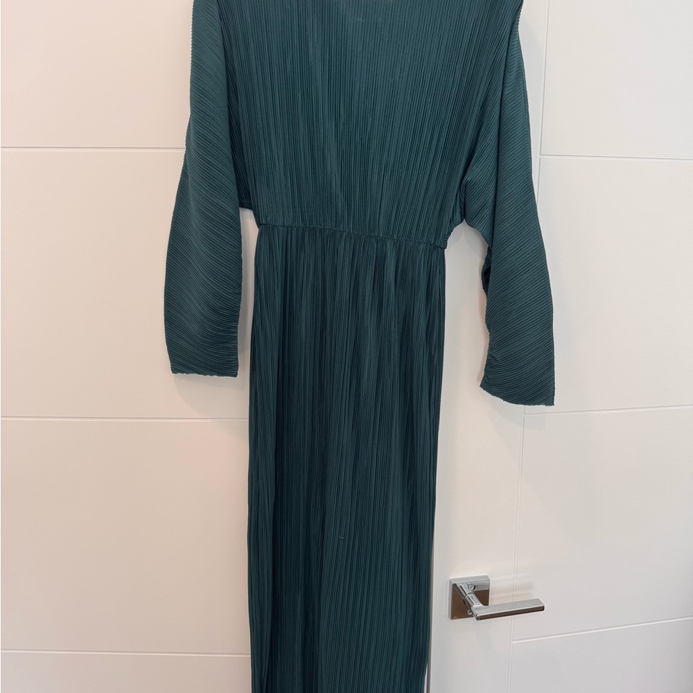 Zara Teal Long-Sleeve Pleated Maxi Dress